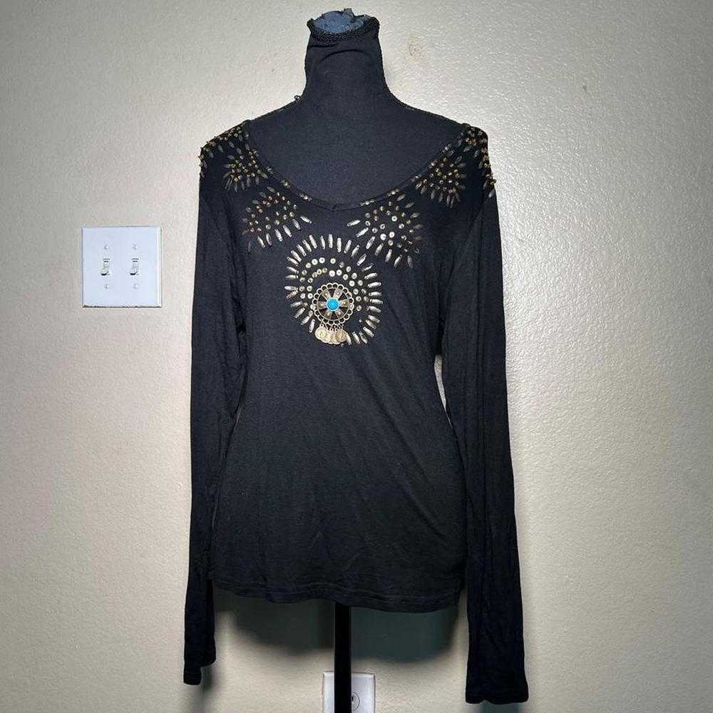 Phoenix Black Y2K Hippie Boho Studded Medallion Long Sleeve Top XL